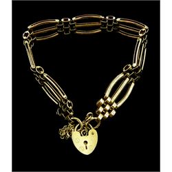 9ct gold fancy three bar link bracelet, with heart locket clasp, hallmarked