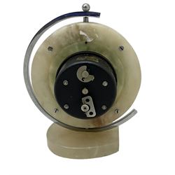 English 1920's Art Deco white-onyx mantel clock c1920, with a circular marble surround,  glass fronted chrome plated chapter with fretted Arabic numerals and conforming hands, movement and dial suspended in a semi-circular swivel gimbal mount, spring driven movement with a balance escapement, wound and set from the rear.