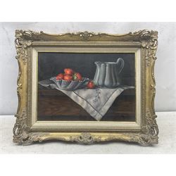 Tim Brough (British 20th century): Still Life with Strawberries, oil on canvas signed 24cm x 34cm