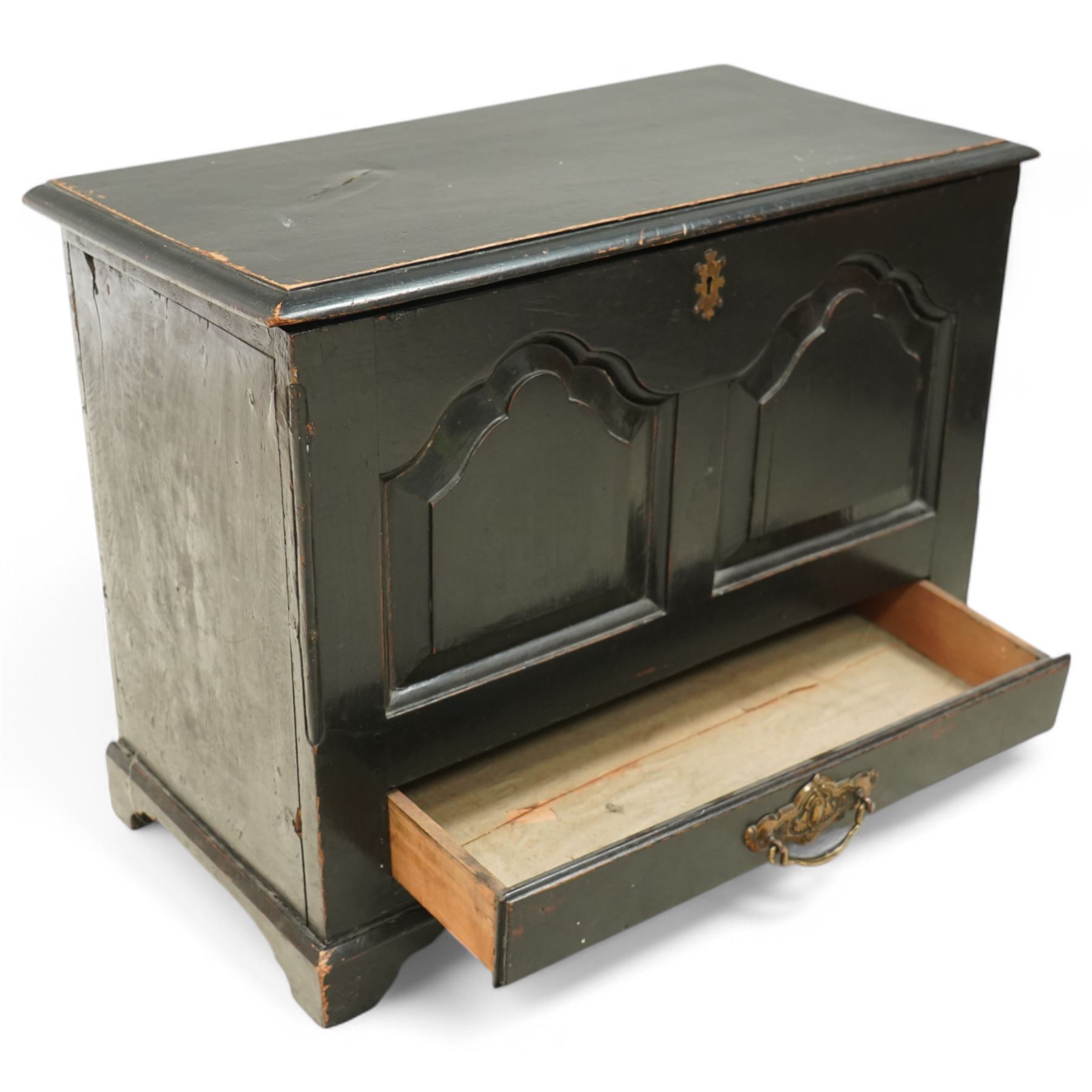 18th century and later oak coffer bach, moulded hinged lid over panelled front and single drawer, shaped and stepped arch panels, on bracket feet, in black paint finish