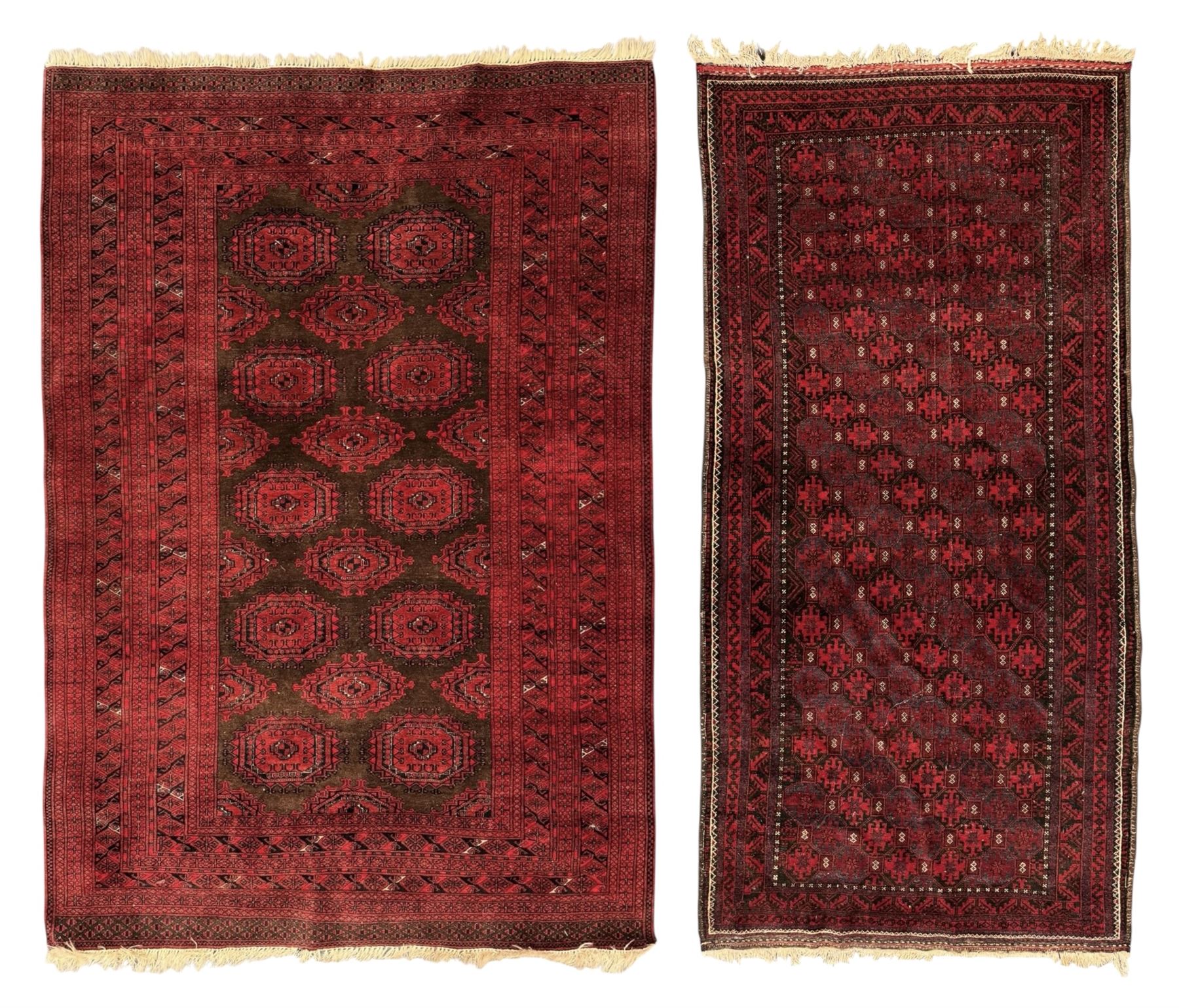Turkoman red ground wool rug, the field with a repeating pattern of Tekke gul motifs in dark brown and red (195cm x 98cm); Afghan Bokhara red ground wool rug, central field with repeated geometric octagonal gul motifs, surrounded by multiple borders with stylised diamond and triangular patterns (127cm x 181cm)