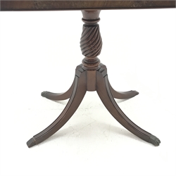 Regency style mahogany foldover pedestal table, single turned and carved column on four shaped supports, W82cm, H76cm, D82cm