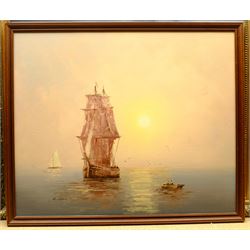 K Kirby (20th century): 'Mighty Sea', oil on board signed, titled verso 49cm x 65cm; C Alexis (20th century): Sailing Barge Becalmed, oil on canvas signed 50cm x 60cm (2)