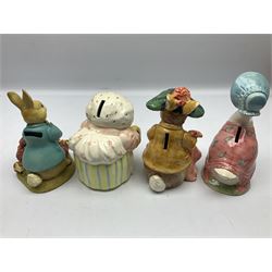 Nine Border Fine Arts and Enesco Beatrix Potter money boxes, to include Peter Rabbit, Benjamin Bunny, Mrs Tiggy-winkle, jemima puddle duck etc  