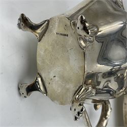 Five piece Edwardian silver tea service, comprising teapot and coffee pot, each with ebonised scroll handle, tea caddy with hinged cover, twin handled open sucrier, and milk jug, each of rounded bombe form, upon four paw feet, hallmarked William Adams Ltd, Birmingham 1904 and 1905, coffee pot H26cm
