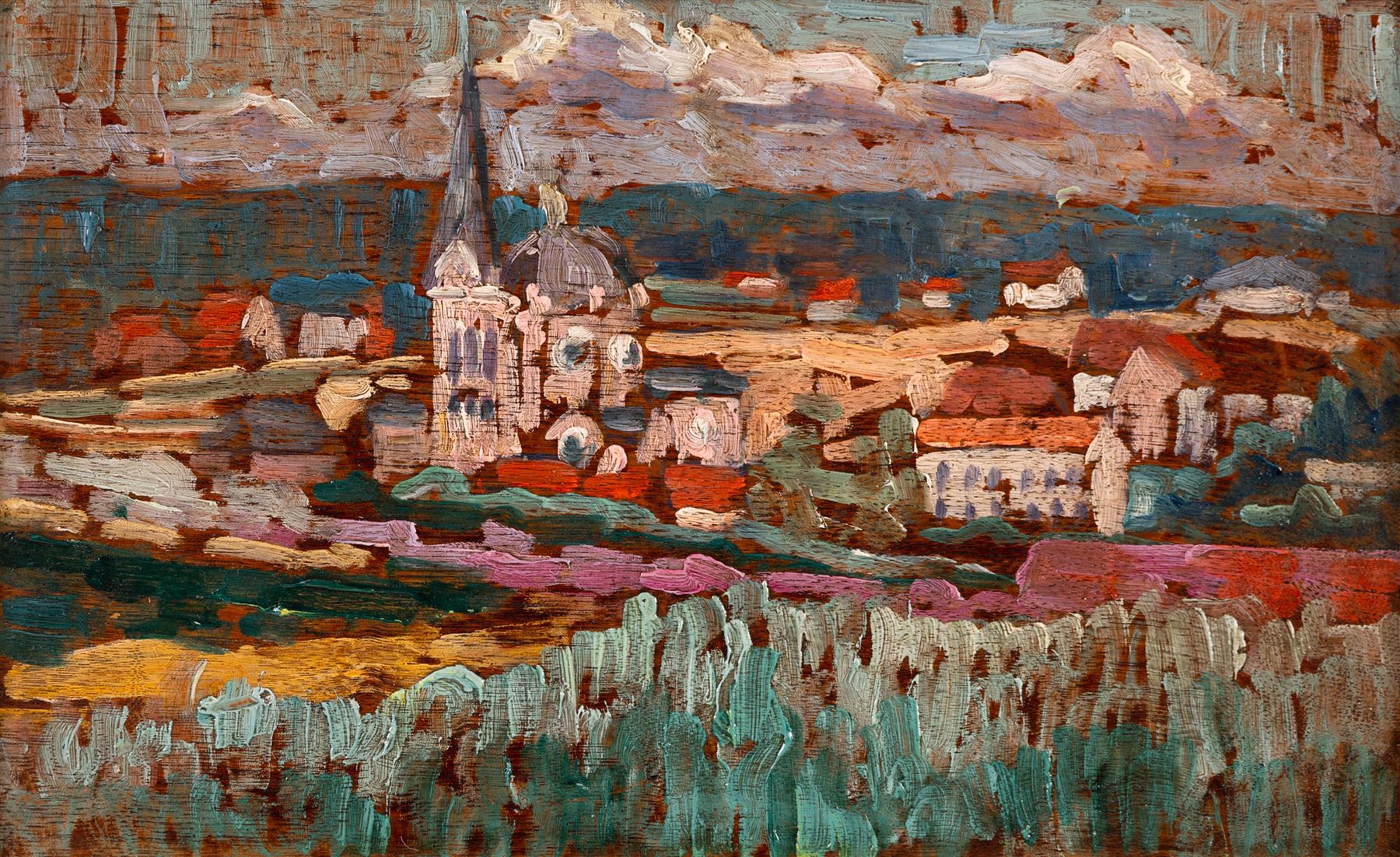 Paul Elie Gernez (French 1888-1948): Church and Village in French Landscape, oil on panel signed faintly lower right 19cm x 31cm
Provenance: private collection purchased Leighton Fine Art, Marlow, Bucks
