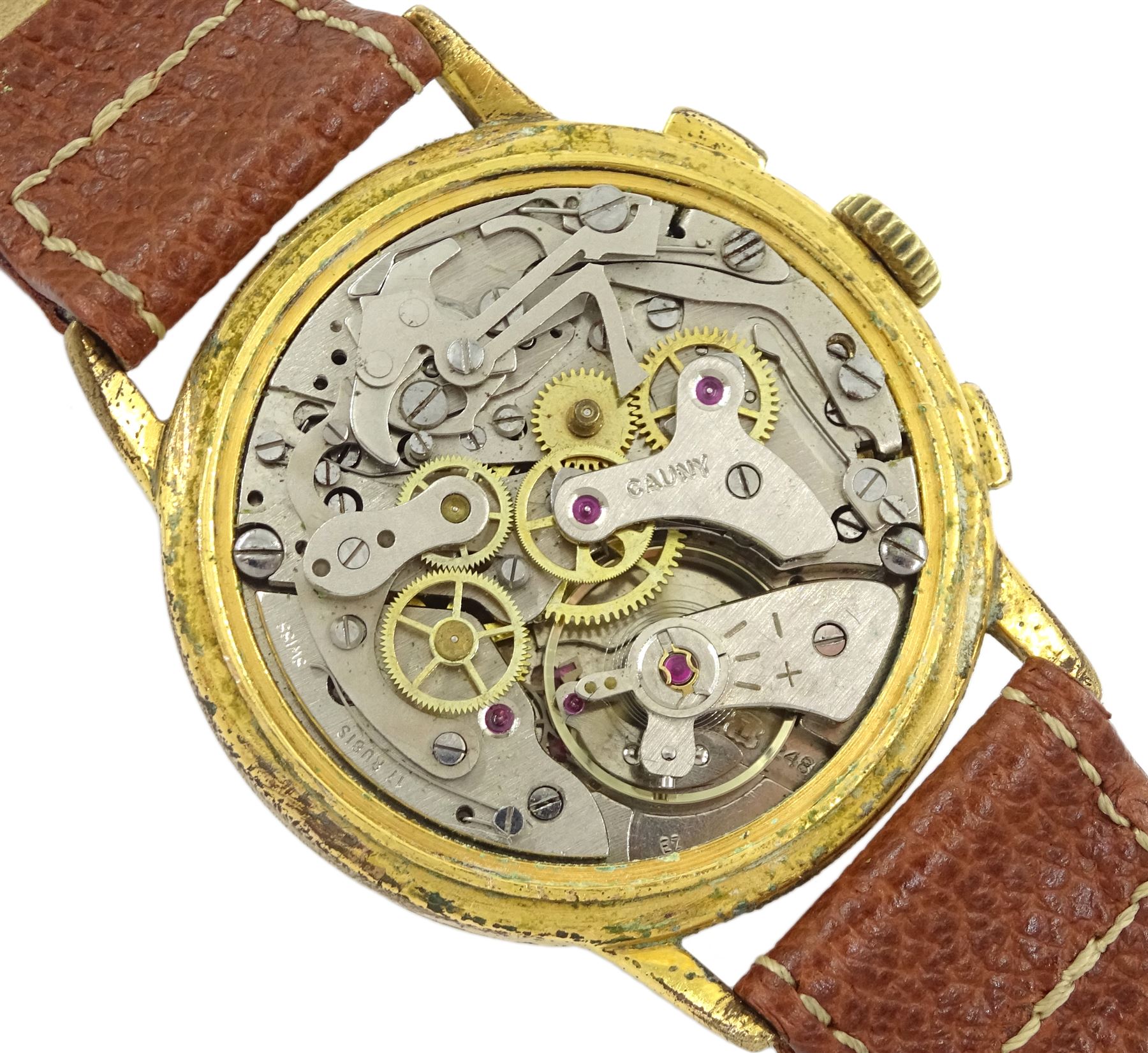 Cauny Prima gentleman's manel wind chronograph wristwatch, 17 jewel movement, Cal. 248, silvered dial with subsidiary seconds dial for 45 minute recording and constant seconds dials and outer tachymeter scale, on brown leather strap