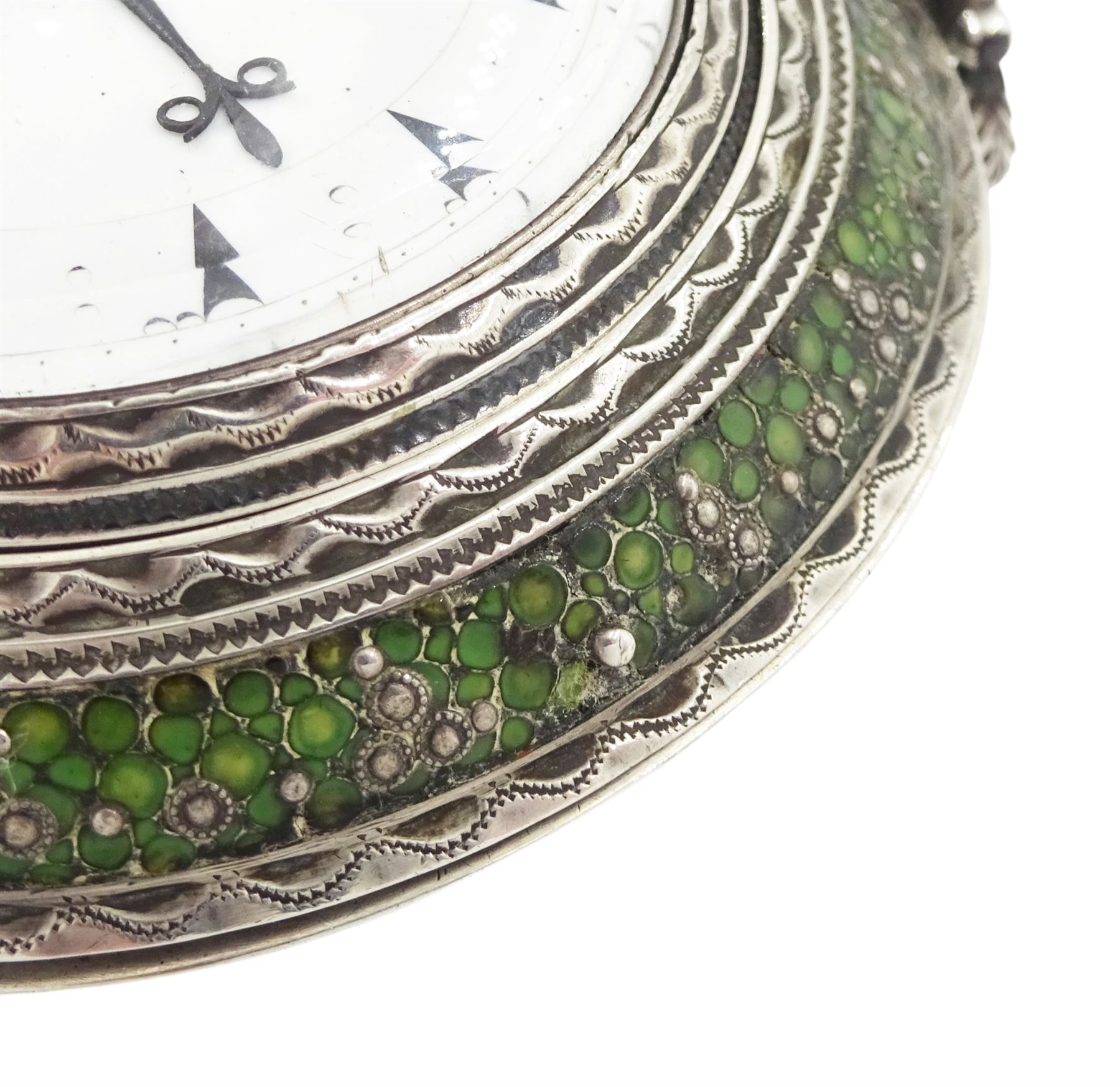 George III silver and gilt metal triple cased verge fusee pocket watch, for the Turkish market by Markwick Markham Borrell, London, No. 23209, ornate classical design pillars, pierced and engraved foliate balance cock, white enamel dial with Turkish numerals, bull's eye glass, the silver cases by James Richards, London 1804, the silver and gilt outer case decorated with green shagreen