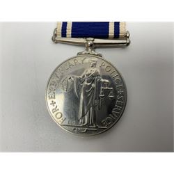 Collection of WW2 and police medals c.1933-1955, awarded to Eric Drinkwater comprising 1939-45 War Medal, Defence Medal, 1939-45 Star and Burma Star, on wearing bar; 1918-62 General Service Medal with Cyprus clasp to P.S. E.G. Drinkwater; boxed; Police Long Service and Good Conduct Medal to Const. Eric C. Drinkwater; cased; Royal Life Saving Society bronze medal to E.C. Drinkwater July 1933; boxed; and George V 1937 coronation medallion; boxed.