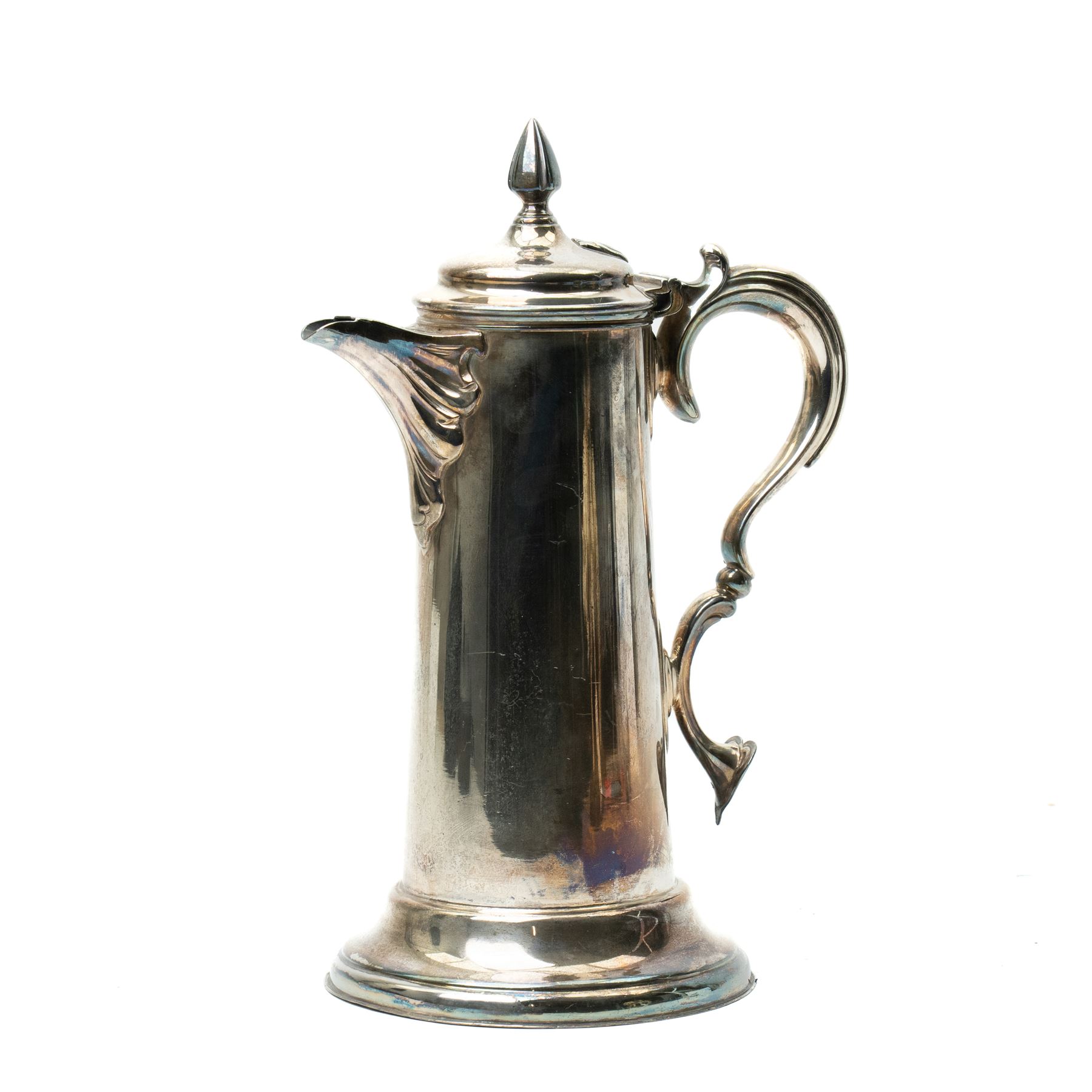 Britannia metal flagon by James Dixon & Sons with scroll handle and hinged lid H35cm and a silver plated fiddle pattern soup ladle (2)
