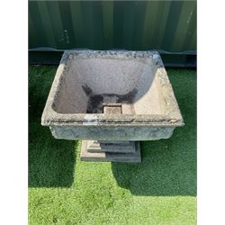 Pair of composite stone garden urns, square form on plinth base - THIS LOT IS TO BE COLLECTED BY APPOINTMENT FROM DUGGLEBY STORAGE, GREAT HILL, EASTFIELD, SCARBOROUGH, YO11 3TX