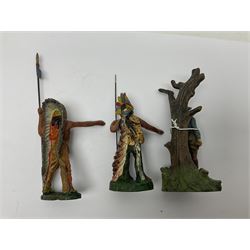 Five Elastolin American Indian figures, together with an Elastolin campfire and a cowboy tied to a tree, tallest H11cm