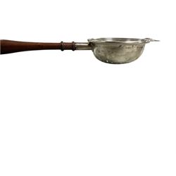 Two copper warming pans with silver strainer