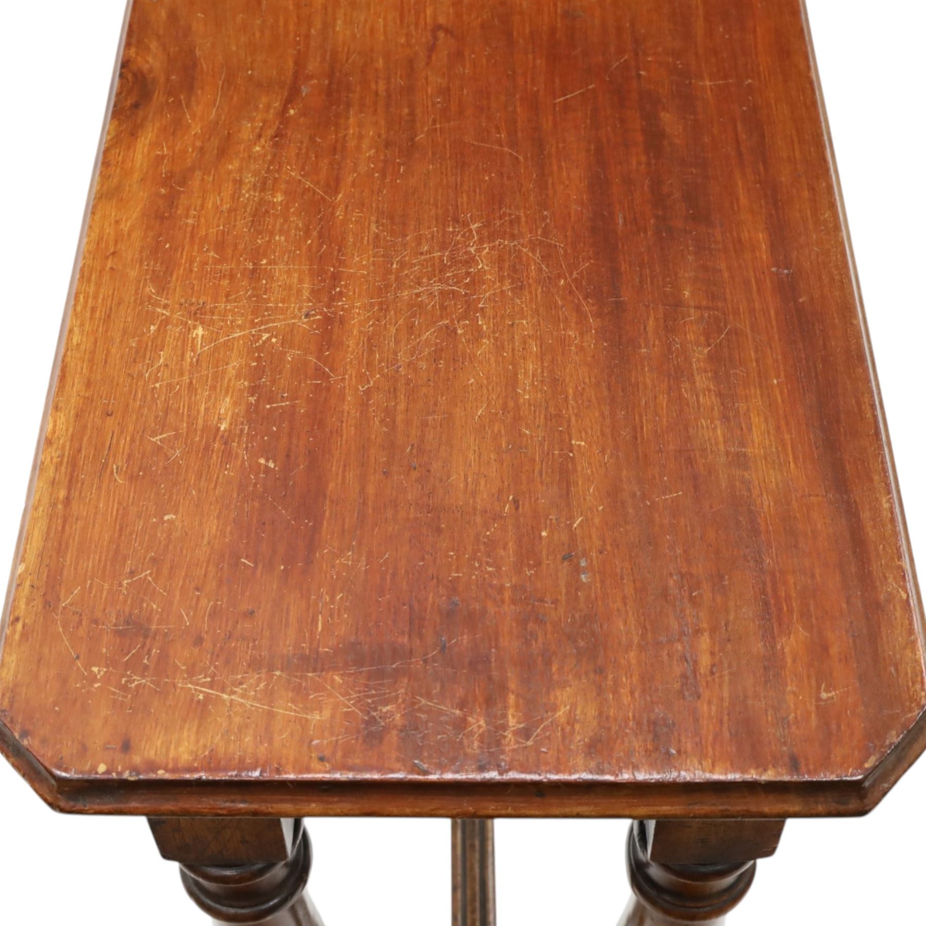 Victorian oak extension table or side table, rectangular moulded top with rounded corners, pull-out extending action, reeded frieze, on turned supports united by H-shaped stretchers