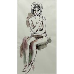 Peter Collins ARCA (British 1923-2001): Seated Nude with Headscarf, pen ink and wash 44cm x 23cm 
Provenance: artist's studio sale: The late Georgina and Peter Collins Collection, 'The Contents of Stanley Studios, Chelsea'; with Sulis Fine Art