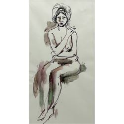 Peter Collins ARCA (British 1923-2001): Seated Nude with Headscarf, pen ink and wash 44cm x 23cm 
Provenance: artist's studio sale: The late Georgina and Peter Collins Collection, 'The Contents of Stanley Studios, Chelsea'; with Sulis Fine Art