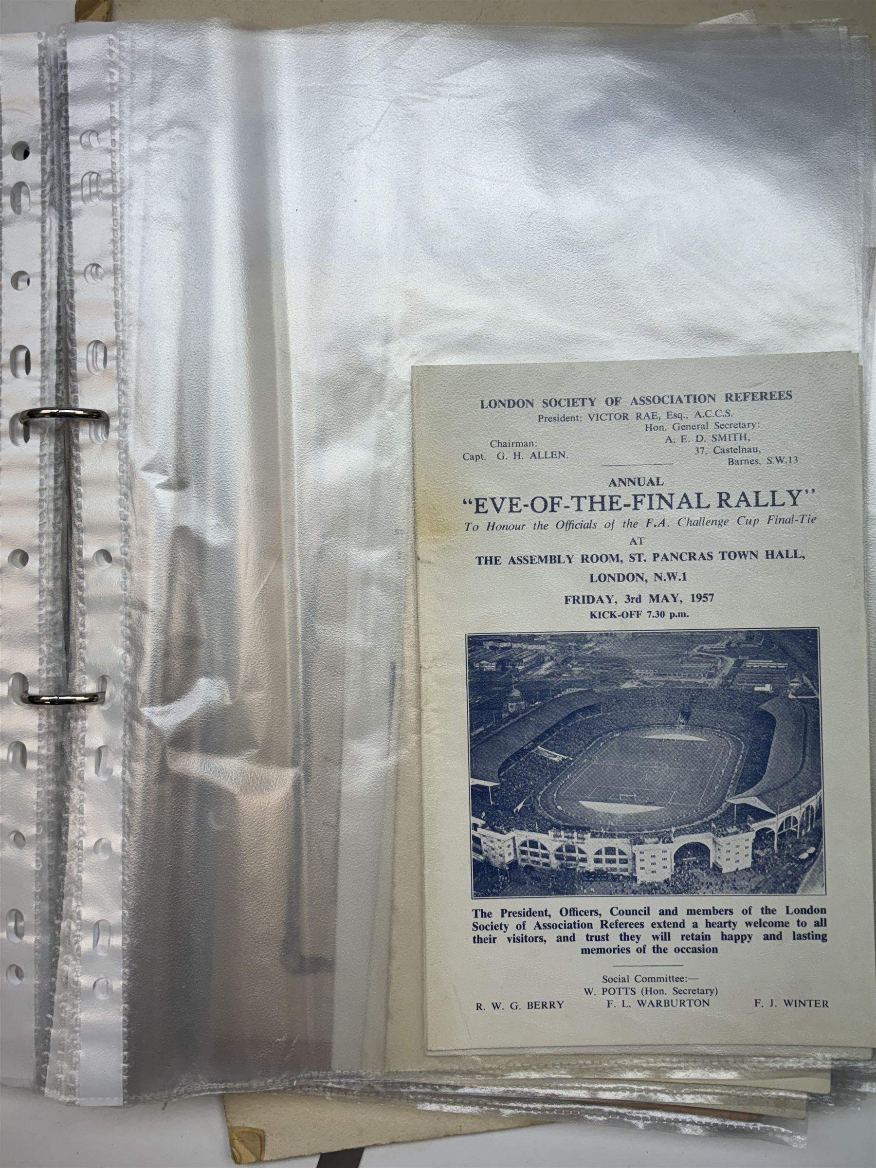 Collection of football memorabilia belonging and relating to the Hull based referee Frank Coultas, including 9ct gold Referee's medal for the 1957 Aston Villa v Manchester United FA Cup Final, inscribed 'The Football Association, F.B Coultas, F.A. Challenge Cup Competition, Final Tie 1957', hallmarked and in original case; the kit worn by him to referee the 1957 FA Cup Final and ephemera relating to the match including photographs, programmes and tickets; together with other football memorabilia collected by Frank Coultas, including programmes, photograph and ticket stubs, with some items relating to the 'Busby Babes'