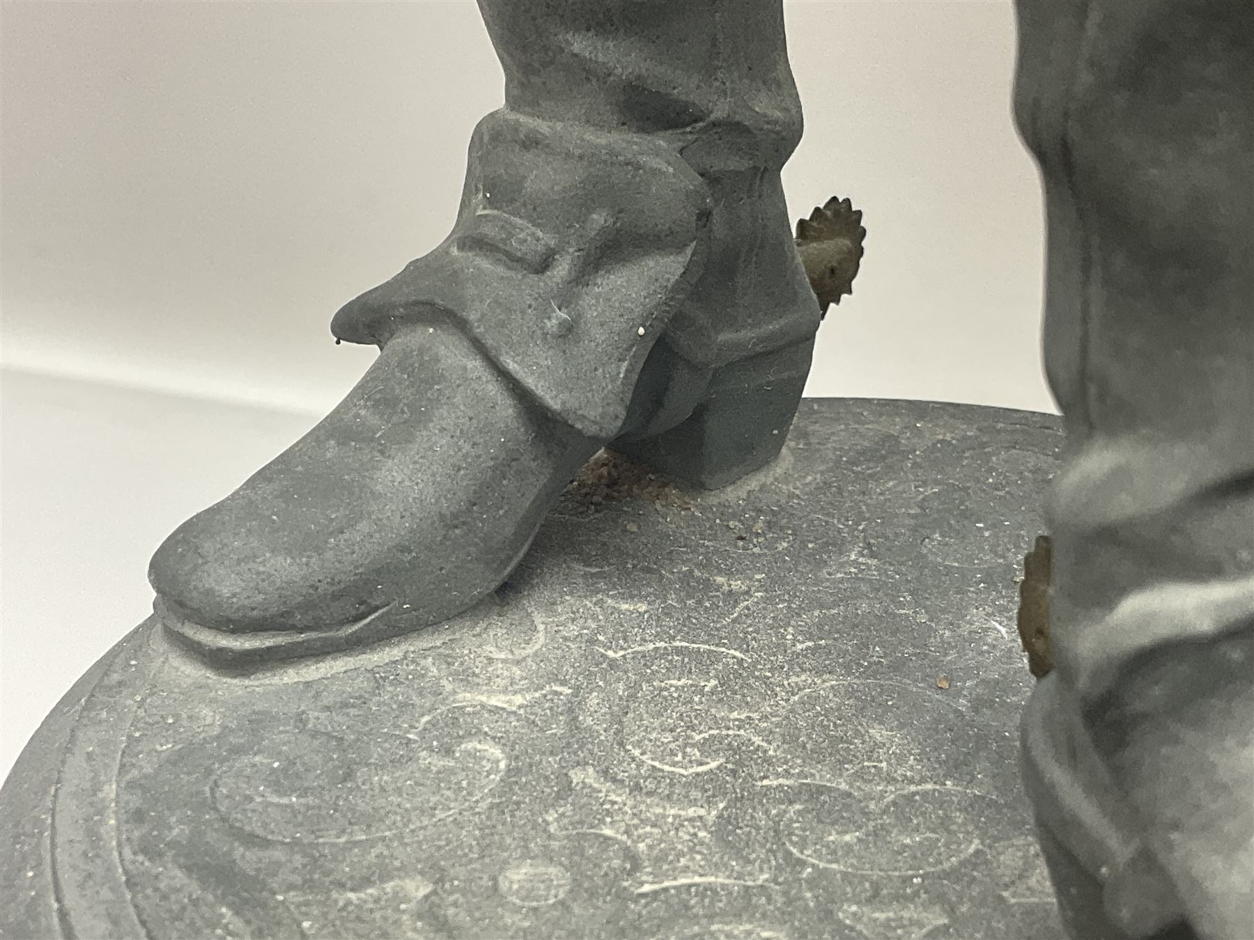 Pair of spelter figures modeled as Cavaliers, together with a spelter figure of Joan of Arc, largest H52cm