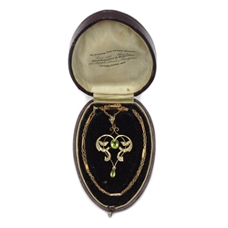  Edwardian peridot and seed pearl pendant necklace, on gold link chin with barrel clasp, both stamped 9ct, cased  