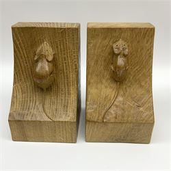 Pair of 'Mouseman' adzed light oak bookends, carved mouse signature, by Robert Thompson of Kilburn