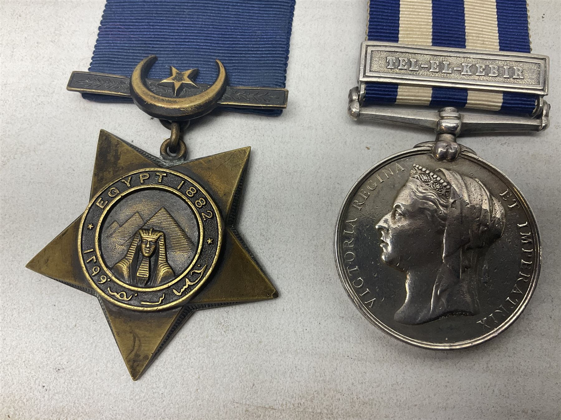 Victoria Egypt 1882 Medal with Tel-El-Kabir clasp awarded to 123(?9)17 Driv. Jas. Ryan N/2 Bde. R.A. with ribbon; and Khedive's Egypt 1882 Star, unnamed but attributed to Driver Ryan, with ribbon (2)