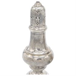 Two early 20th century silver sugar casters, the first an Edwardian example of faceted urn form, hallmarked Sibray, Hall & Co Ltd, London 1910, the second a 1920s example of typical urn form, upon a stepped circular filled base, hallmarked William Neale & Son Ltd, Birmingham 1925, tallest H20cm