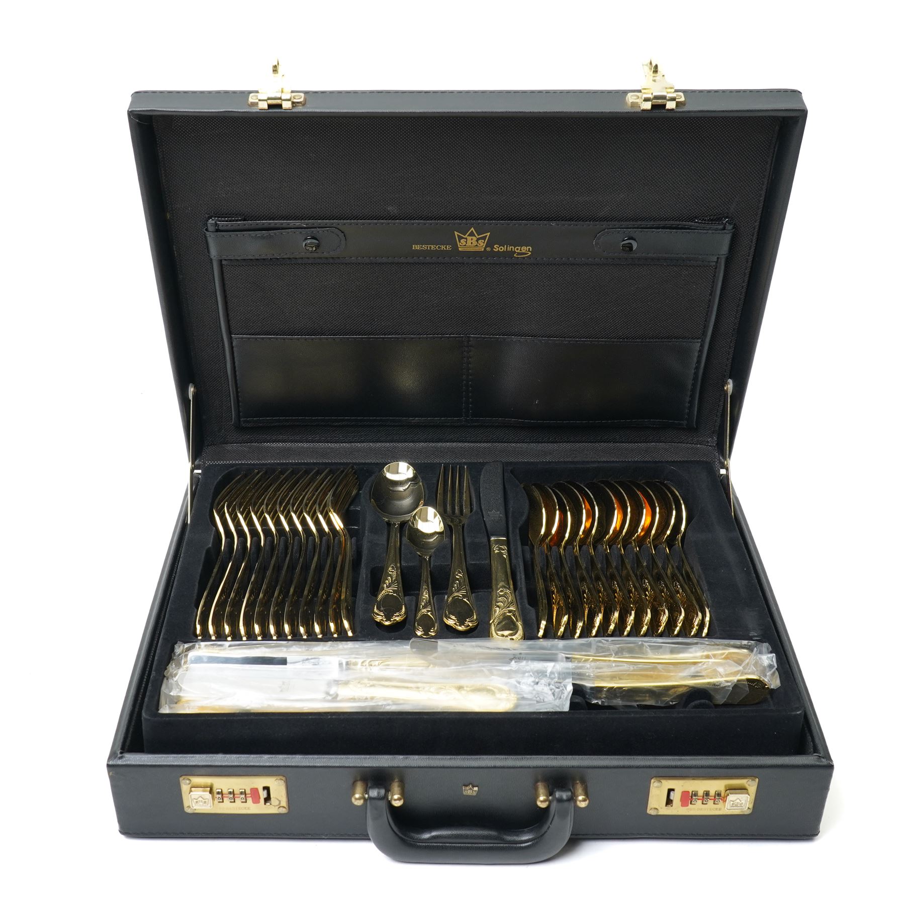 Bestecke SBS Solingen gold-plated canteen of cutlery for twelve persons, in briefcase holder