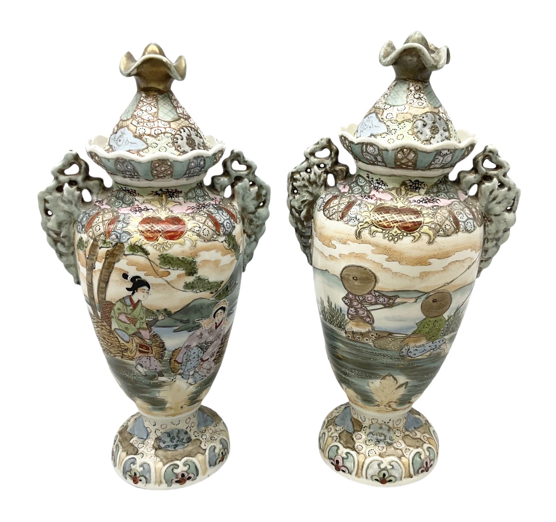 Pair of Royal Nippon Nishki lidded vases, decorated in Oriental style, both with printed marks