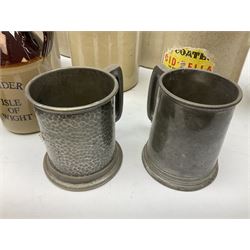 Stoneware flagons including one from godshill cider company, together with stoneware jars, pewter tankards etc  