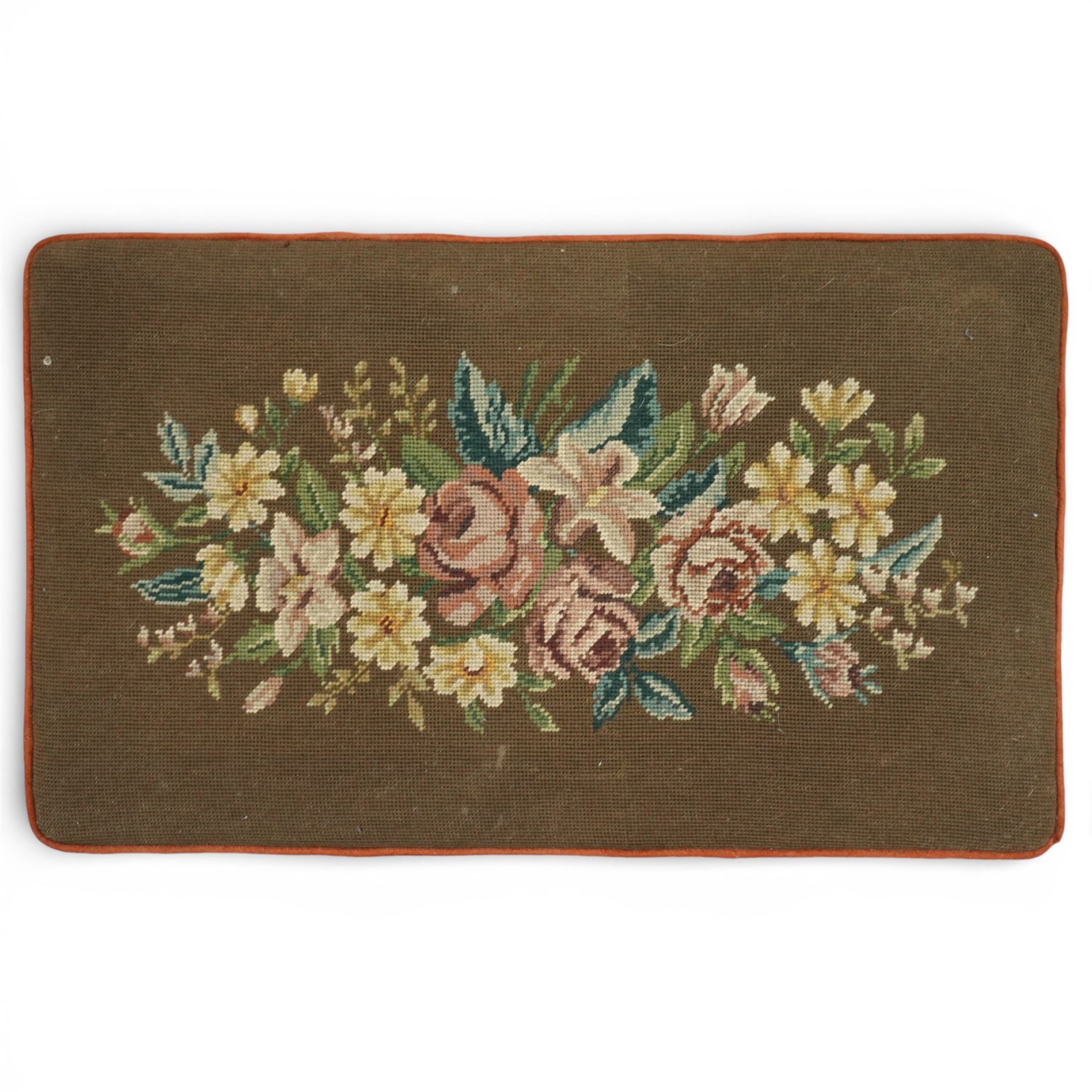 Georgian style mahogany dressing stool, rectangular upholstered top embroidered with a floral needlework panel within a velvet border and braid trim, moulded frieze, raised on cabriole legs terminating in large carved claw and ball feet