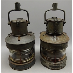  Pair of WWll Birmingham Engineering Co.Ltd. 25A Masthead lamps, D shaped steel bodies with clear glass lenses and original burners, one 1943, other 1945, H41cm (2)  
