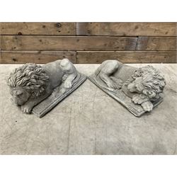 Pair of small recumbent garden lions