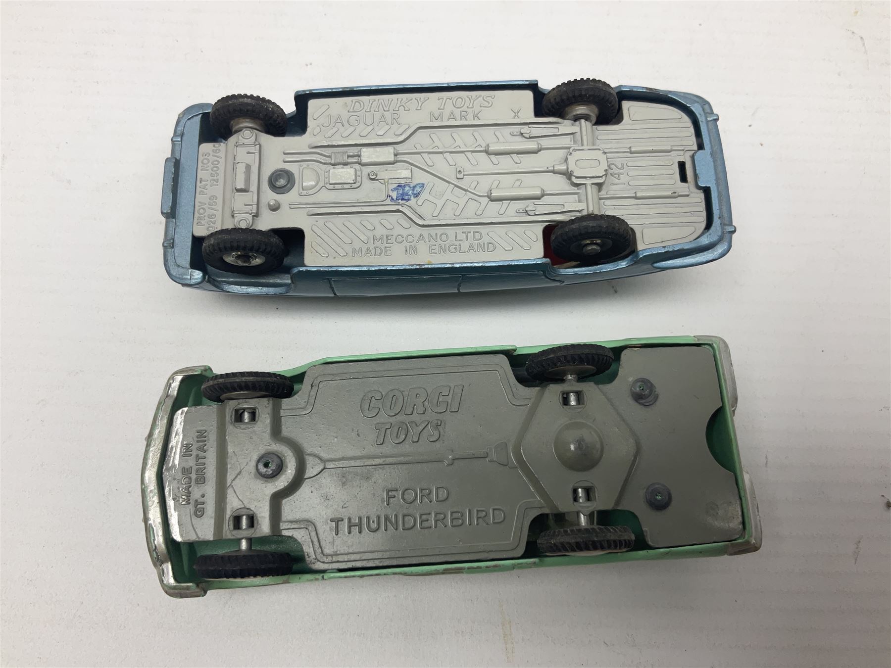 Eleven unboxed and playworn early die-cast models including Dinky Packard, Buick, two Jaguar Mark X and estate wagon, Corgi Mercedes-Benz 300S.L. Roadster, Ford Thunderbird, Citroen DS19 and Bentley Continental Sports Saloon, Spot-On Armstrong Siddeley Sapphire etc; all unboxed (11)