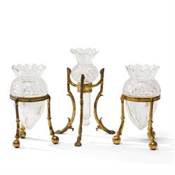 19th century F & C Osler trio, the cut-glass bud vases upon stylised gilt bronze mounts, s...