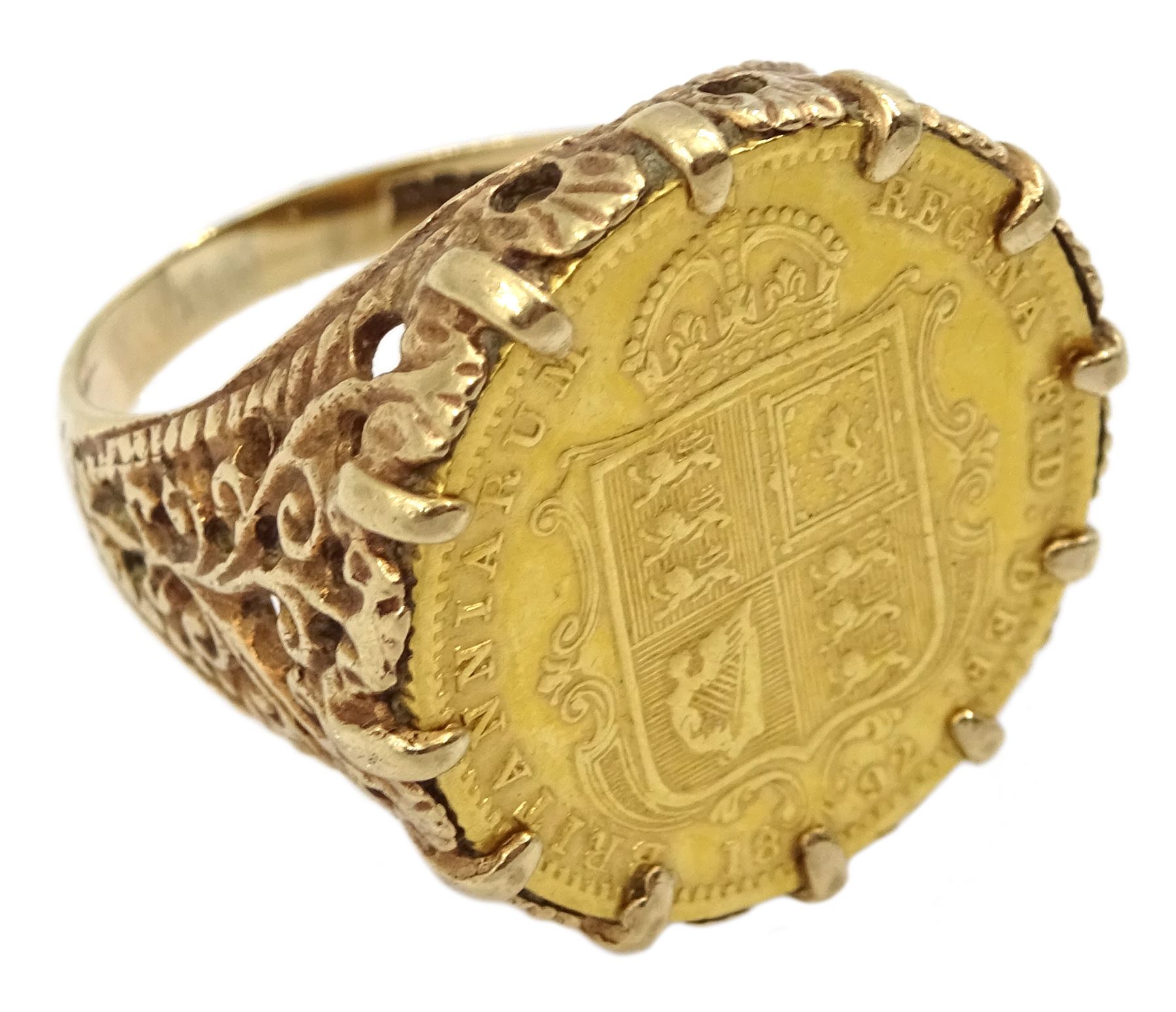 Queen Victoria 1892 gold shield back half sovereign, loose mounted in 9ct gold ring, hallmarked