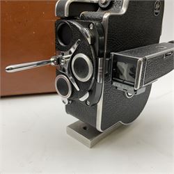 Paillard Bolex H16 Reflex 16mm cine camera with handgrip and turret for interchangeable lenses, KERN Vario-Switar 1:1,9 f=16-100mm POE BOLEX H16RX lens, KERN Switar 1:1,4 f=25mm H16 RX lens, KERN Switar 1:1,9 f=75mm lens, KERN Switar 1:1,6 f=10mm H16 RX lens