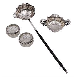George III toddy ladle, the silver oval bowl with shaped rim and baleen twist handle, engraved with initial to underside, hallmarked Stephen Adams I, London 1766, H29cm, together with Georgian silver toddy ladle, hallmarked London 1745, maker's mark indistinct, with later French silver handles and base, with swan control mark, and two silver mounted cut glass open salts, with hobnail cut star decoration, hallmarked Claydon, Robin & Co, Birmingham 1903