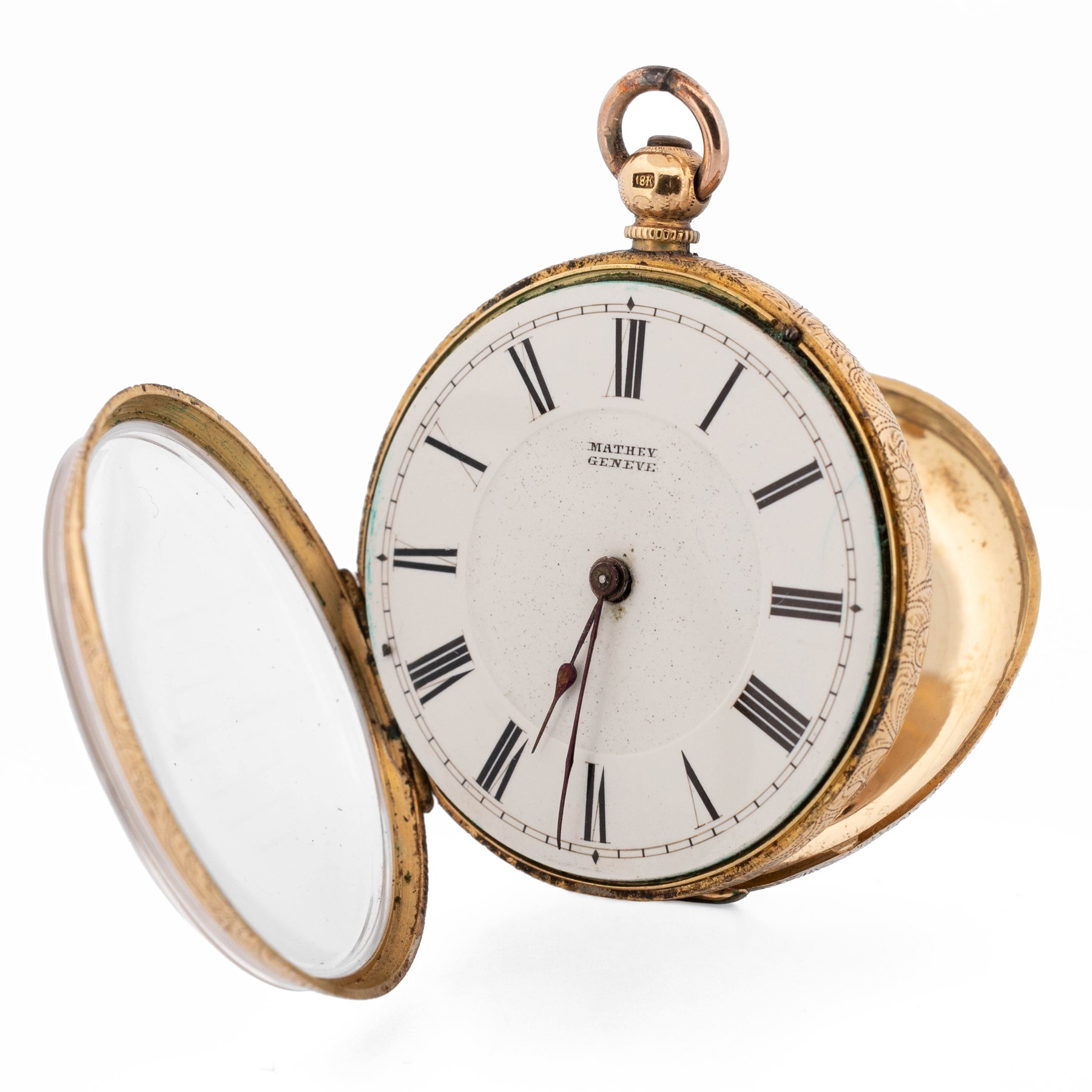 19th / early 20th century 18ct gold open face key wound cylinder pocket watch by Mathey, Genève, white enamel dial with Roman numeral hour markers, engraved foliate case with empty cartouche, stamped K18