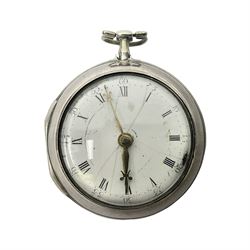 George III silver pair cased verge fusee pocket watch by Harry Niblett, Dorking, No. 5991, white enamel dial with Arabic numerals and outer minute ring, case makers mark TG, London 1787 