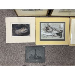 Collection of 19th/20th Century pencil drawings, mixed medias, etchings and prints, to include After Valentin Lefebre (Flemish 1637–1677): 'Landscape with Flute Playing Shepherd' and After Claude Gillot (French 1673-1722): 'Repas Distingue', variously signed titled and framed max 31cm x 43cm (9)