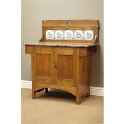  Edwardian ash washstand, marble top and tiled splash back above double cupboard, W92cm, H109cm, D51cm  