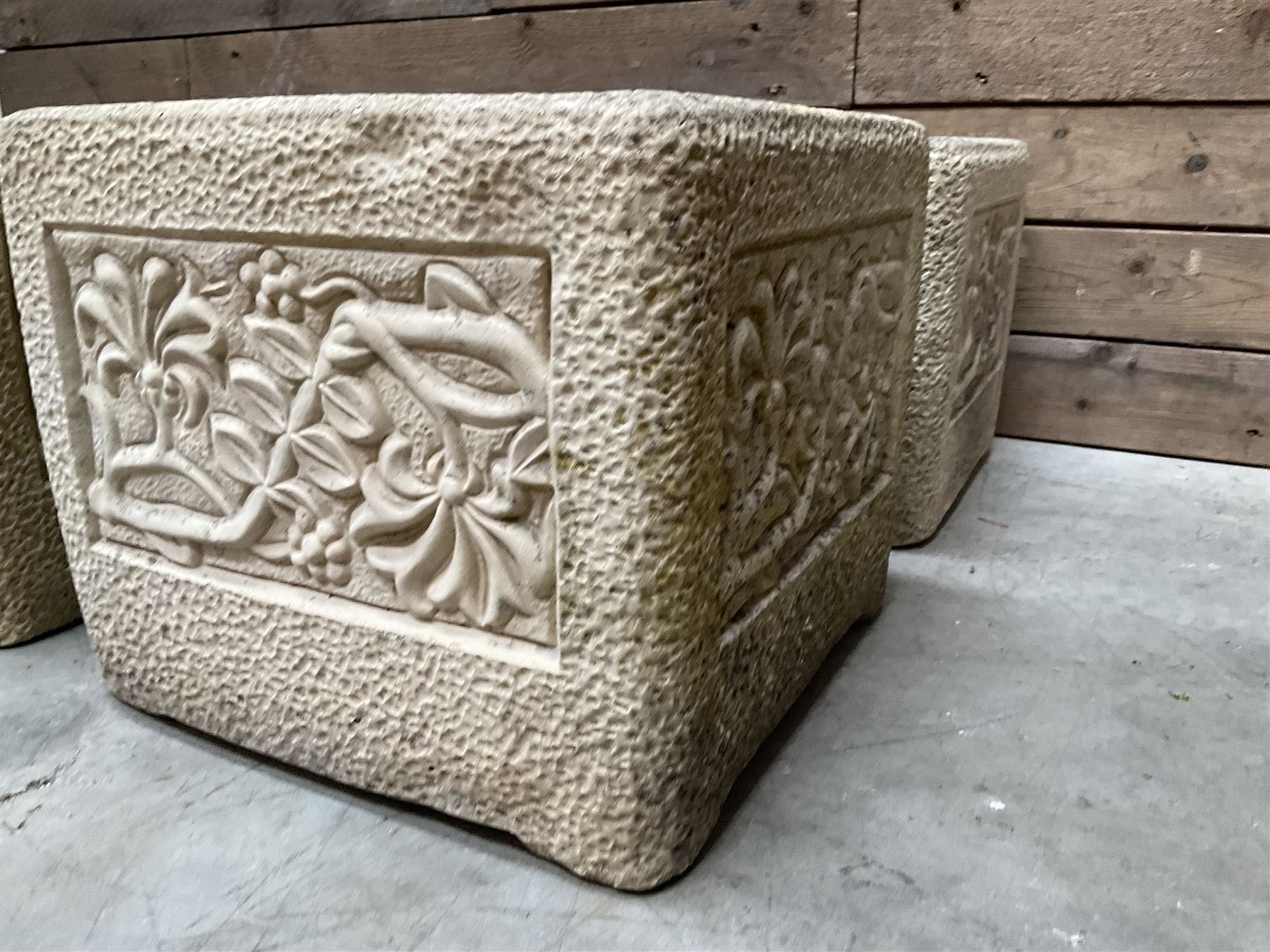 Set four Cotswold Studios Ltd square cast stone garden planters 