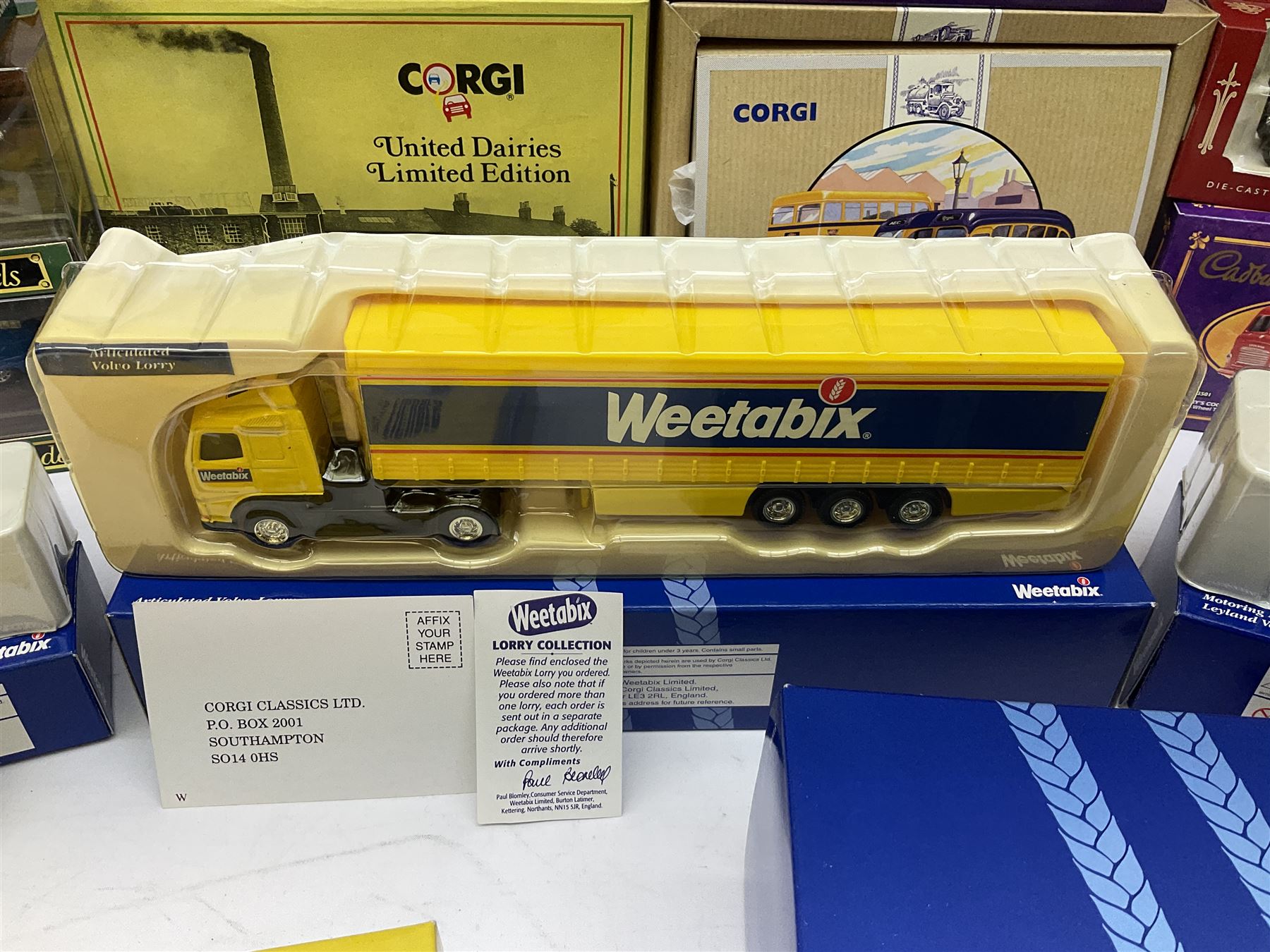 Corgi - four Weetabix promotional models; three Cadburys promotional models; United Dairies limited edition two-vehicle set; AEC limited edition two-vehicle bus set; and five other Corgi die-cast models/figures; all boxed (14)