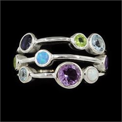 Silver opal, amethyst, iolite, topaz and peridot set ring, stamped 925 