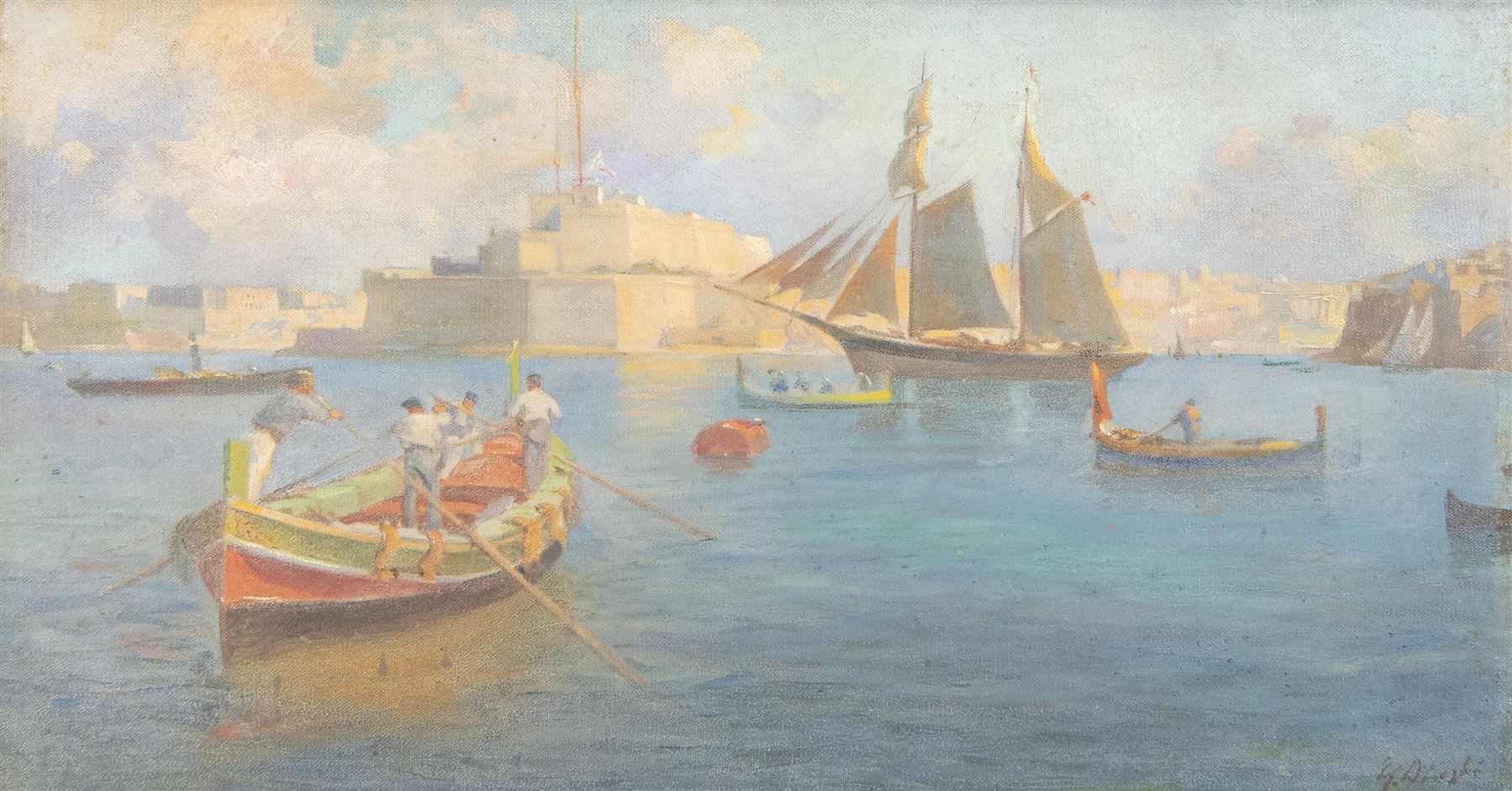 Edward Caruana Dingli (Maltese 1876-1950): Fort St Angelo and the Grand Harbour Valetta Malta, oil on canvas laid on board signed 29.5cm x 55cm
Provenance: deceased estate Lincolnshire
Notes: probably a preliminary oil for the watercolour used for the book 'The Colour and Life of Malta', from original paintings by Edward Caruana Dingli, published by Critien’s c1925