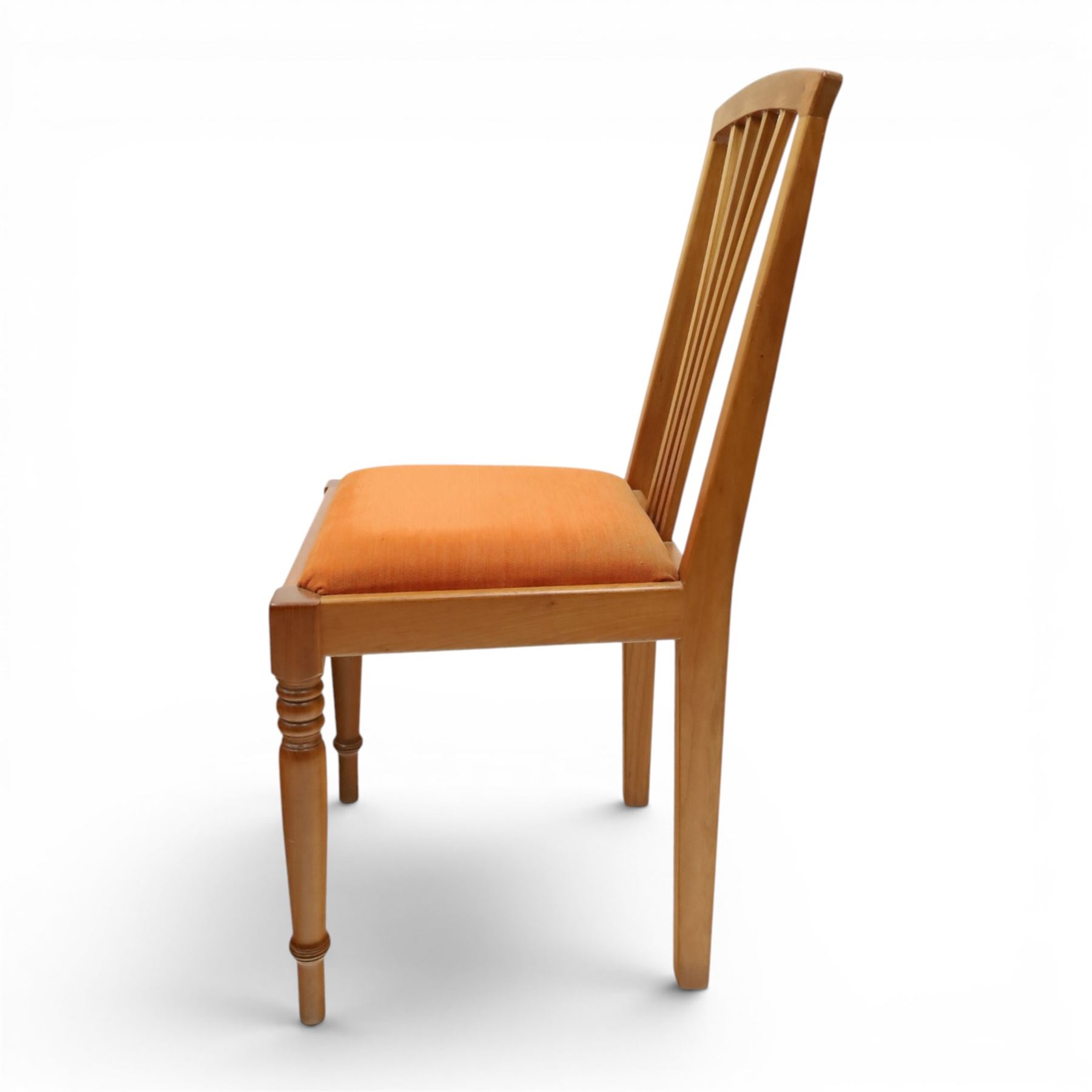 Knightman - set of nine cherrywood dining chairs, with fan splat backs and upholstered seats, raised on square legs joined by stretchers, comprising chairs of slight differing widths and one chair with turned front legs and orange upholstery and no Knight carving, the rest with recessed carved knight trademark, by Horace Knight of Old Mill Furniture, Balk near Thirsk 