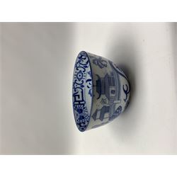 Unusual late 18th/early 19th century pearlware bowl, decorated to the exterior with Chinese five clawed dragon, pagoada, hut and flowers, the interior with central hut and rocks surrounded by floral sprays and foliate and fret type border, D15cm