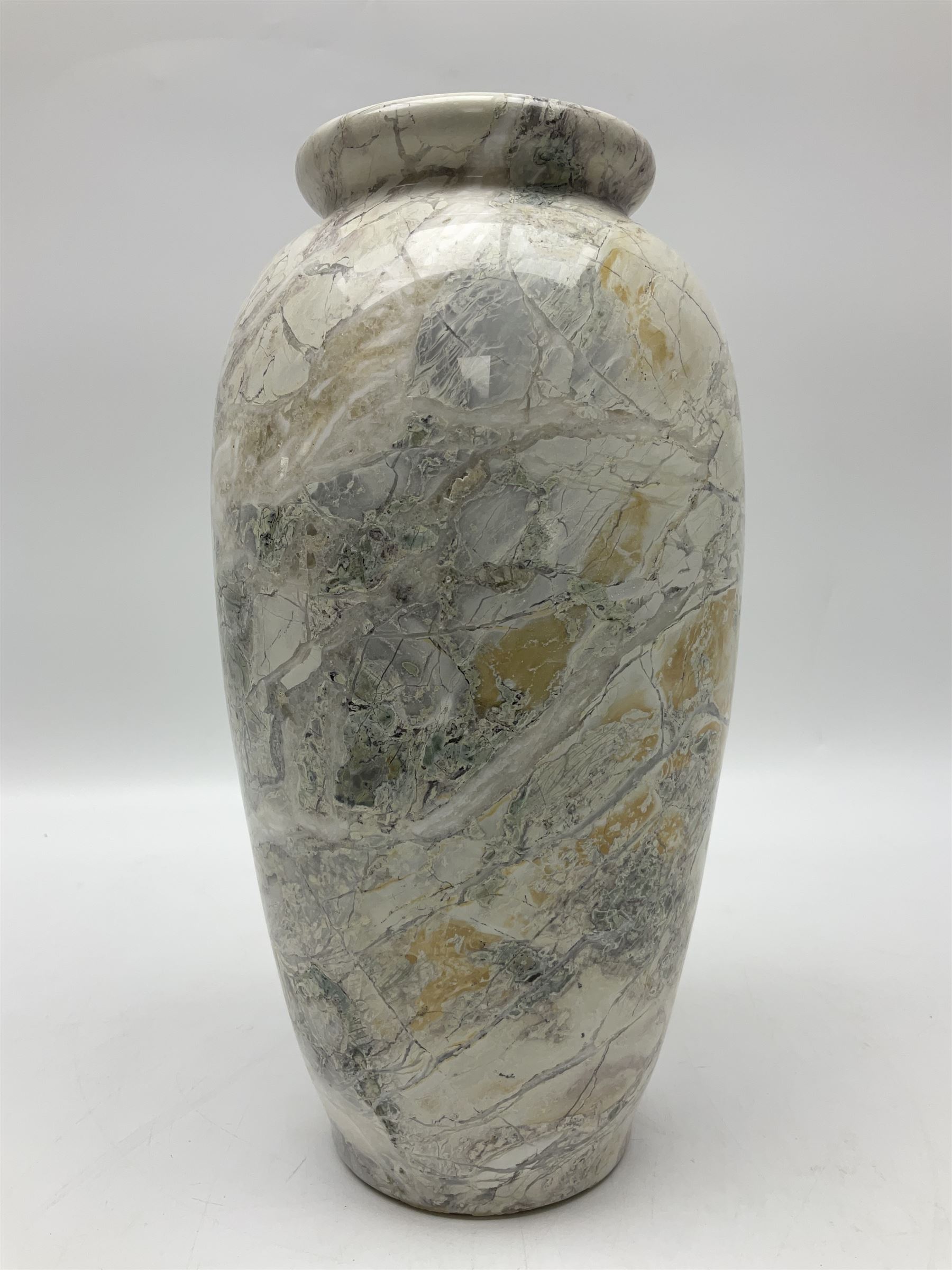 White marble vase, of baluster form, with grey, gold and green undertones, H30cm