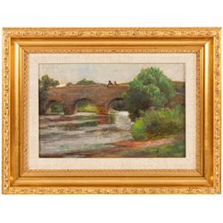 George Penton Fisher (British 1871-1914): Gazing Over the Bridge, oil on wood panel signed 15cm x 23cm