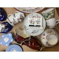 Various ceramics, to include pair of Staffordshire style Dalmatian pen holders, small group of Wedgwood jasperware, Victorian fairing, Dresden coffee cup and saucer, Japanese Kutani vase, pair of Royal Doulton candlesticks, two pieces of Carlton Ware Rouge Royale, small group of Chinese tea cups and saucers, including a pair of late 18th/early 19th century teacups, in one box 